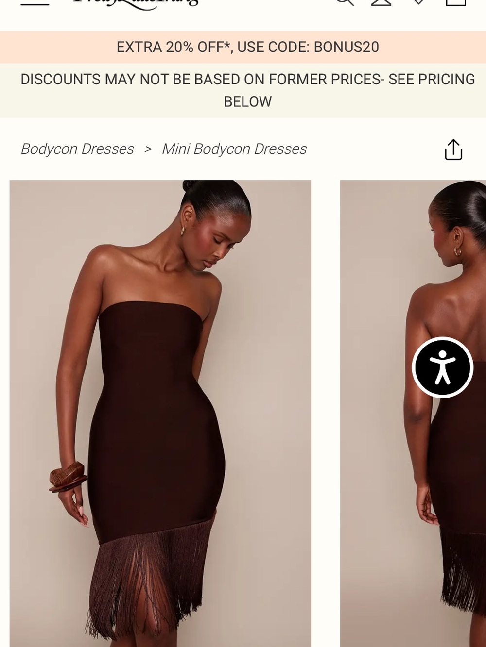 PrettyLittleThing Strapless Brown Bodycon Mini Dress with Fringe Hem